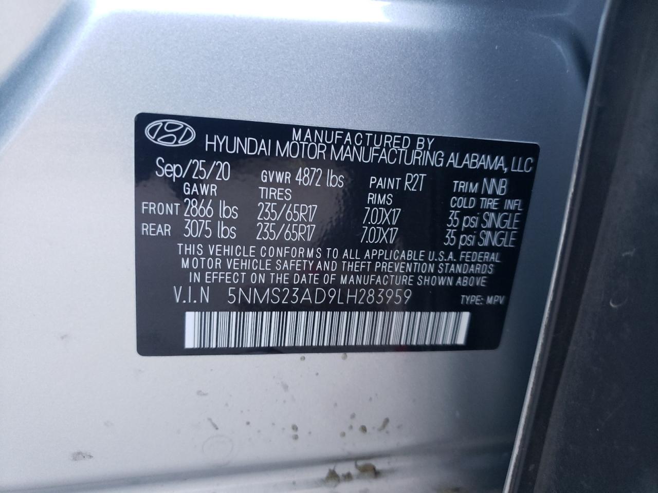 2020 Hyundai Santa Fe Se VIN: 5NMS23AD9LH283959 Lot: 75063694