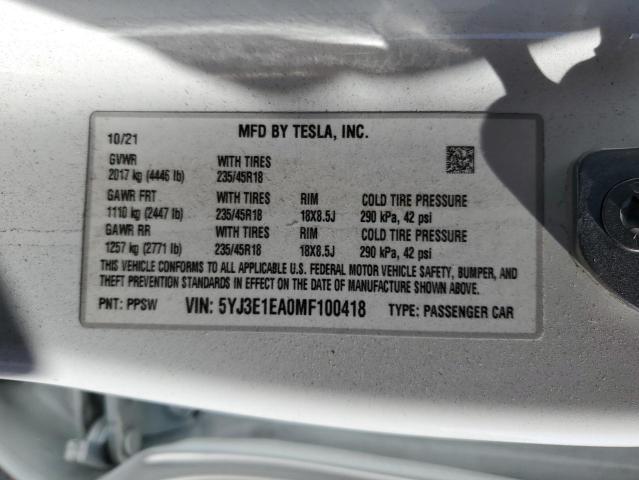 5YJ3E1EA0MF100418 Tesla Model 3  13