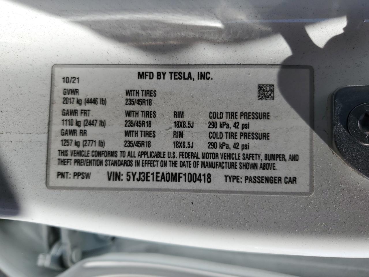 2021 Tesla Model 3 VIN: 5YJ3E1EA0MF100418 Lot: 73537084