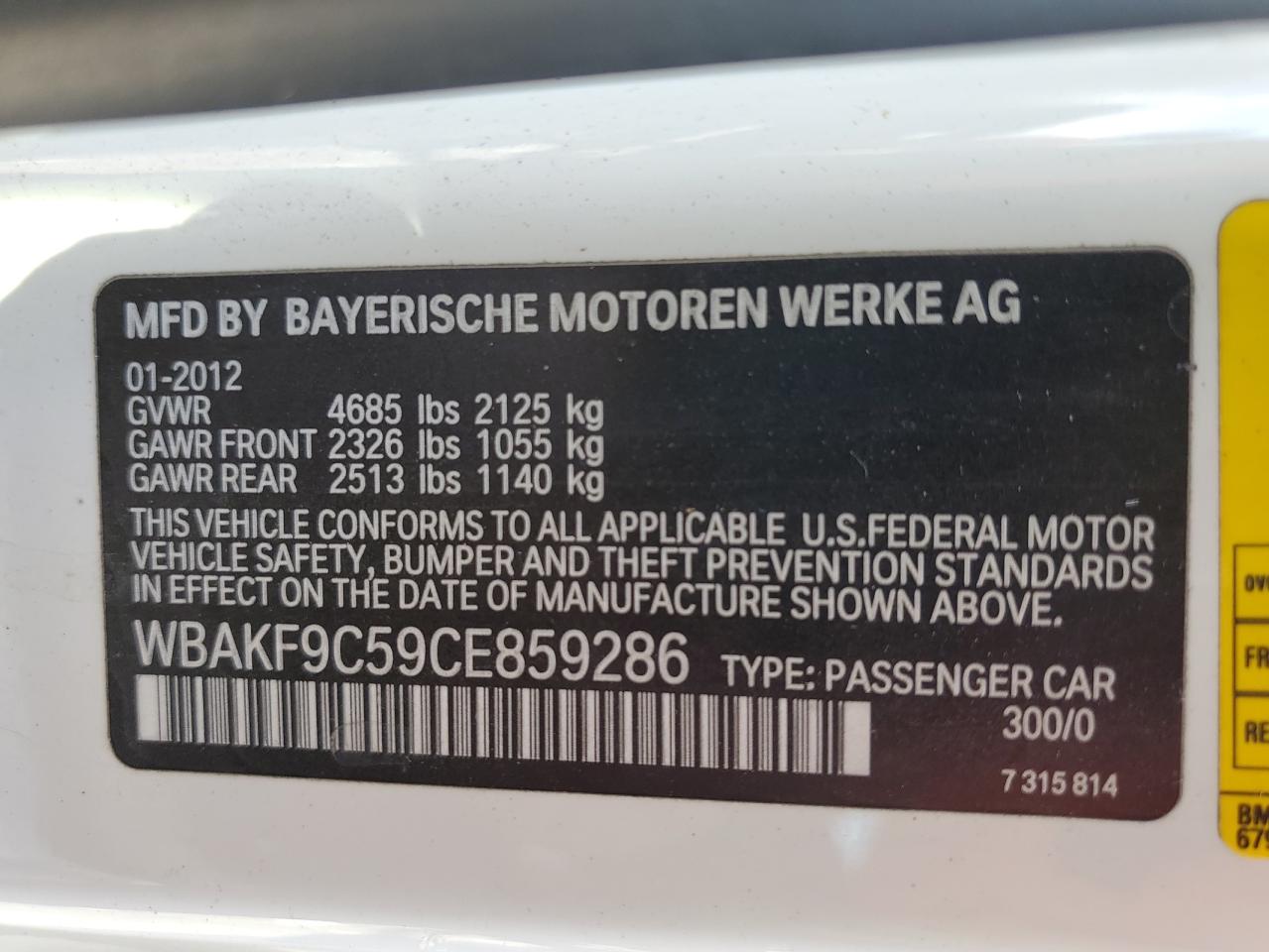 2012 BMW 335 Xi VIN: WBAKF9C59CE859286 Lot: 76174064