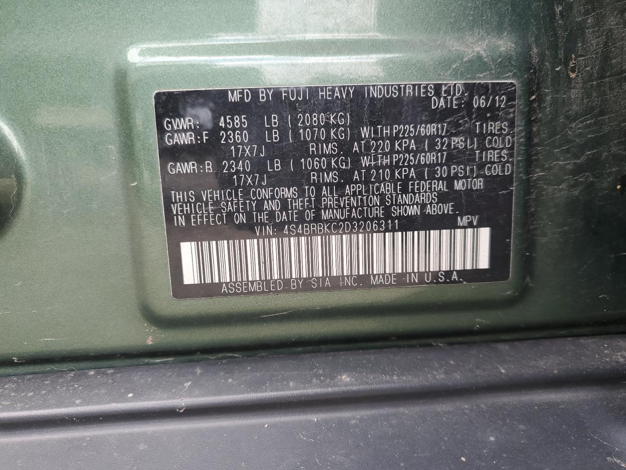 2013 Subaru Outback 2.5I Limited VIN: 4S4BRBKC2D3206311 Lot: 75697294