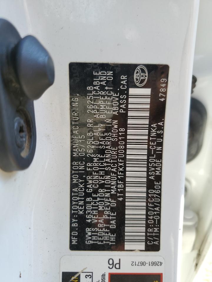 2015 Toyota Camry Le VIN: 4T1BF1FKXFU080118 Lot: 57900785