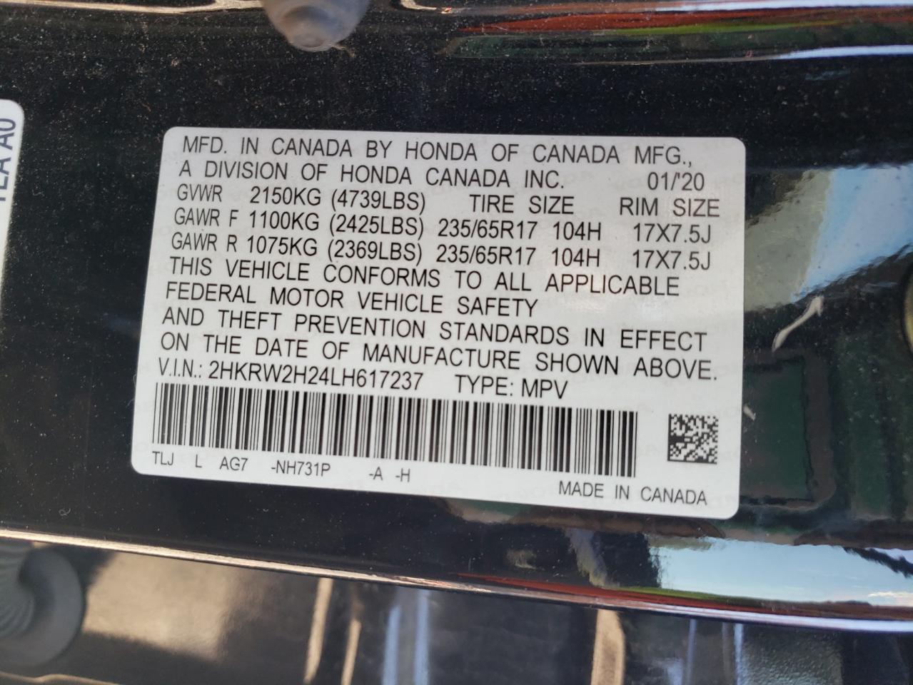 2020 Honda Cr-V Lx VIN: 2HKRW2H24LH617237 Lot: 77529174