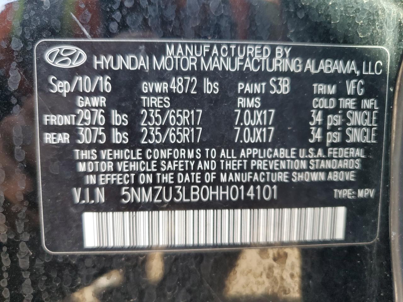 5NMZU3LB0HH014101 2017 Hyundai Santa Fe Sport