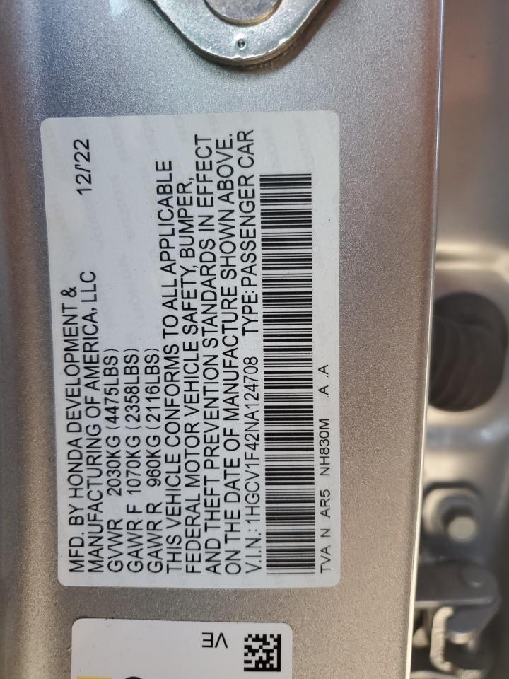 1HGCV1F42NA124708 2022 Honda Accord Sport Se