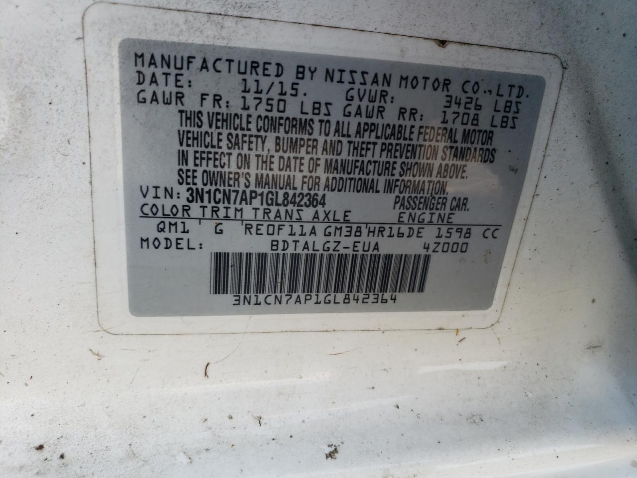 3N1CN7AP1GL842364 2016 Nissan Versa S