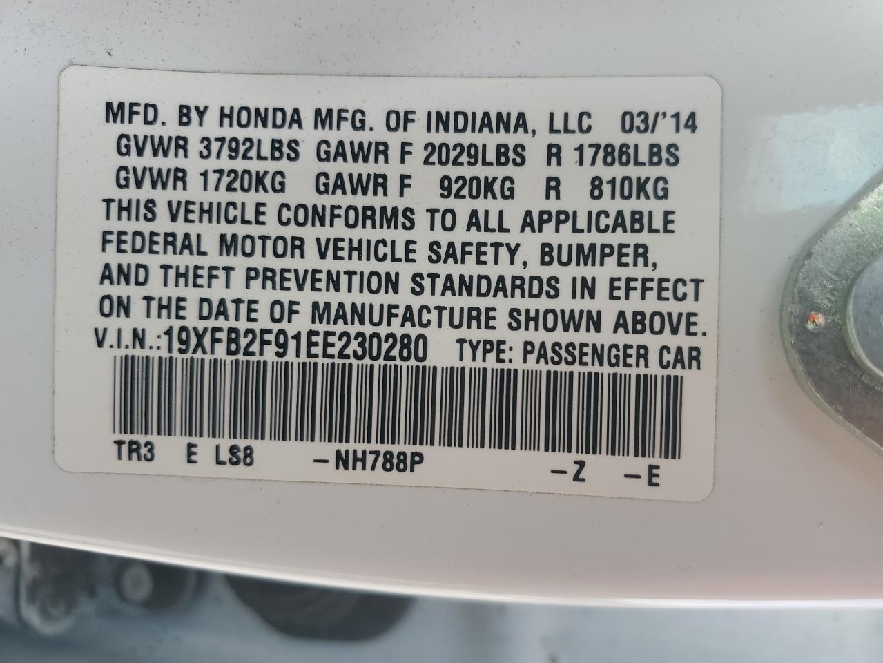 19XFB2F91EE230280 2014 Honda Civic Exl