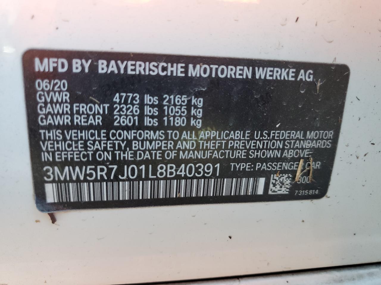 2020 BMW 330Xi VIN: 3MW5R7J01L8B40391 Lot: 77526484