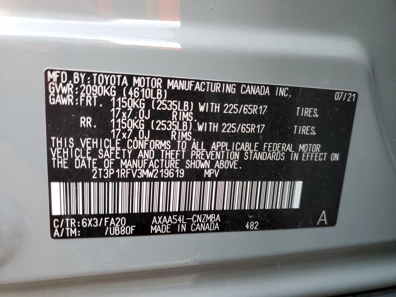 2021 Toyota Rav4 Xle VIN: 2T3P1RFV3MW219619 Lot: 76708224