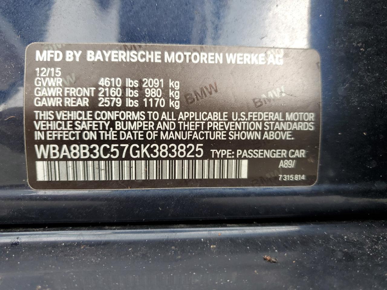 WBA8B3C57GK383825 2016 BMW 340 I