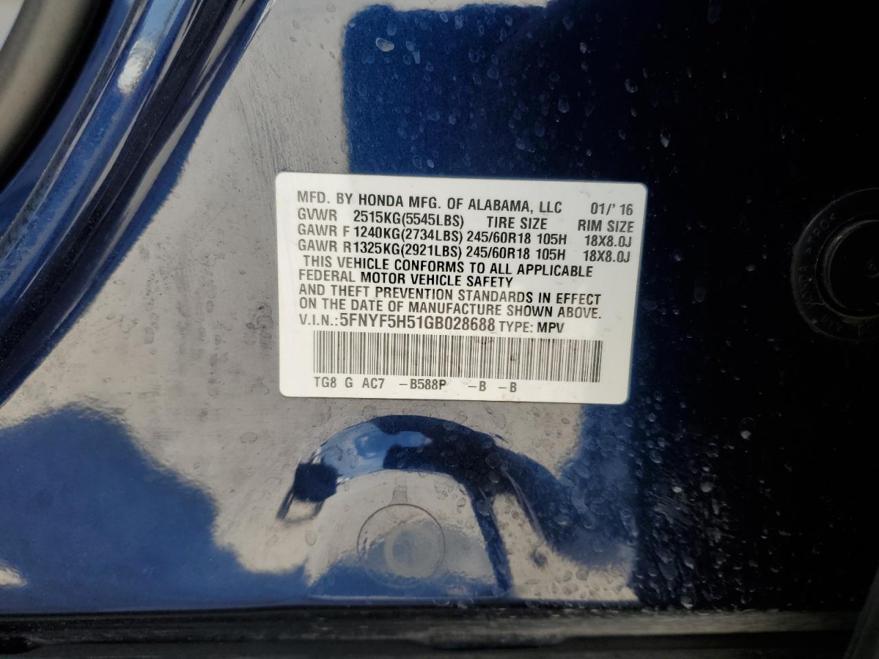 5FNYF5H51GB028688 2016 Honda Pilot Exl