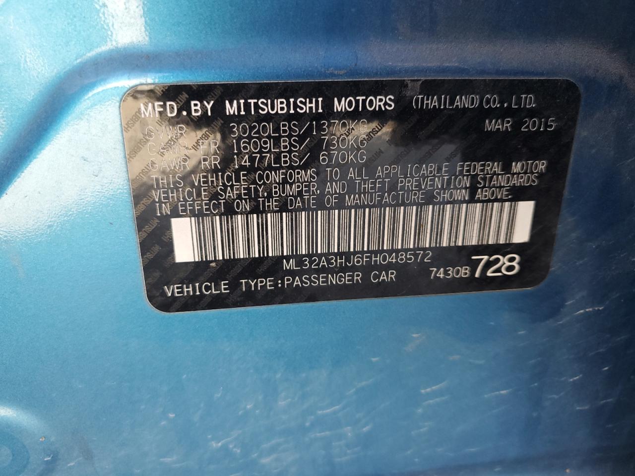 ML32A3HJ6FH048572 2015 Mitsubishi Mirage De