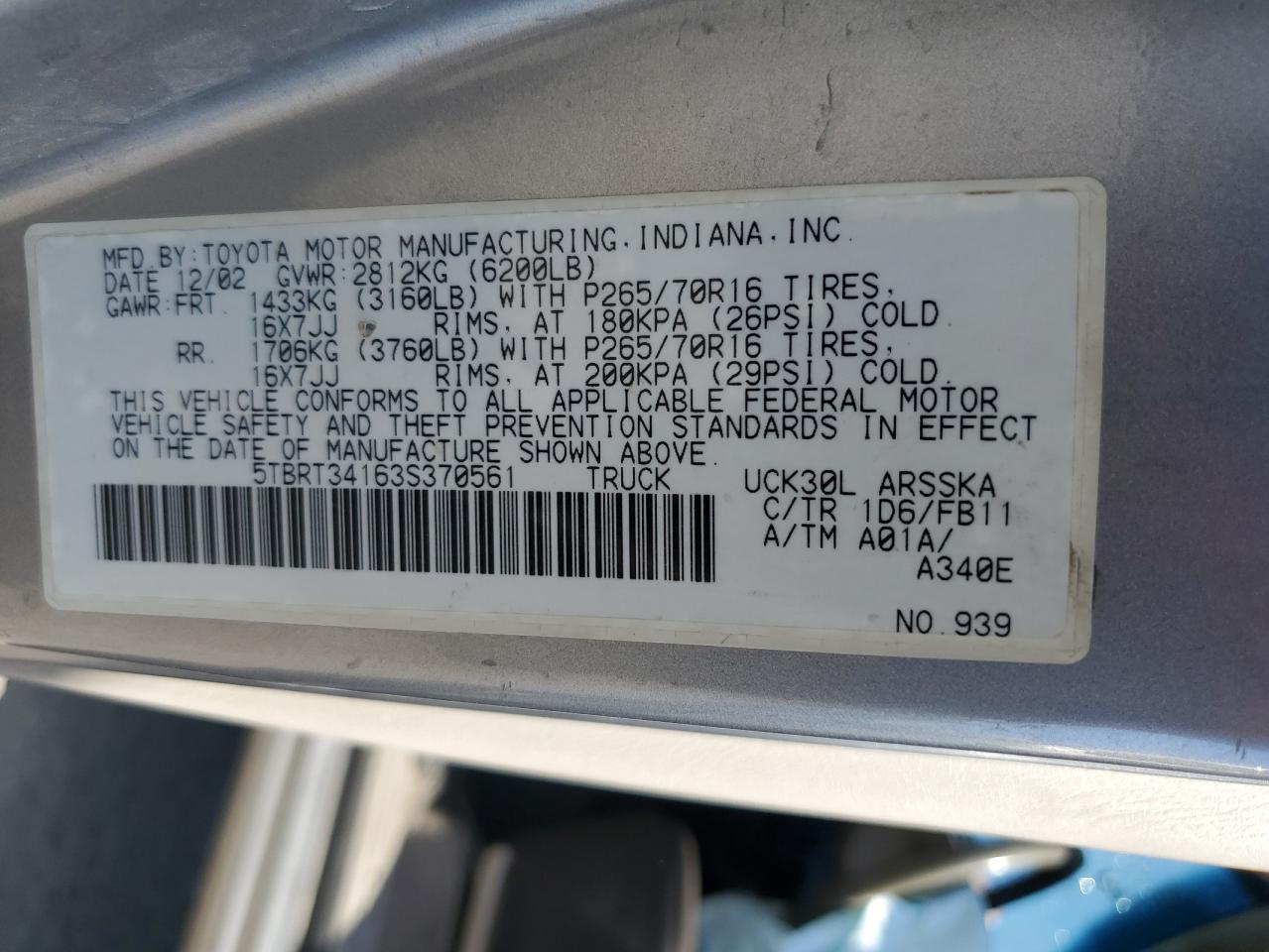 5TBRT34163S370561 2003 Toyota Tundra Access Cab Sr5