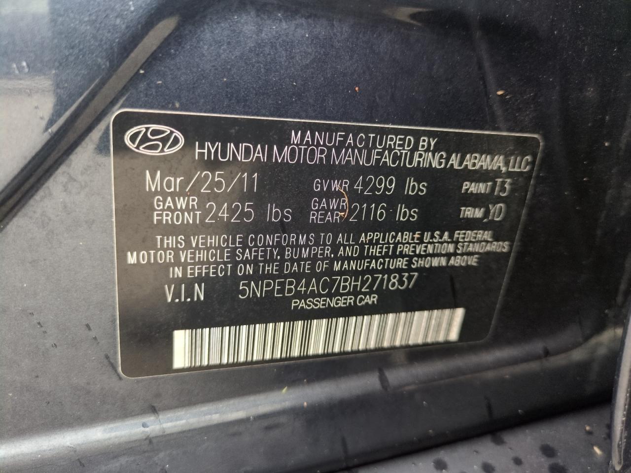 5NPEB4AC7BH271837 2011 Hyundai Sonata Gls