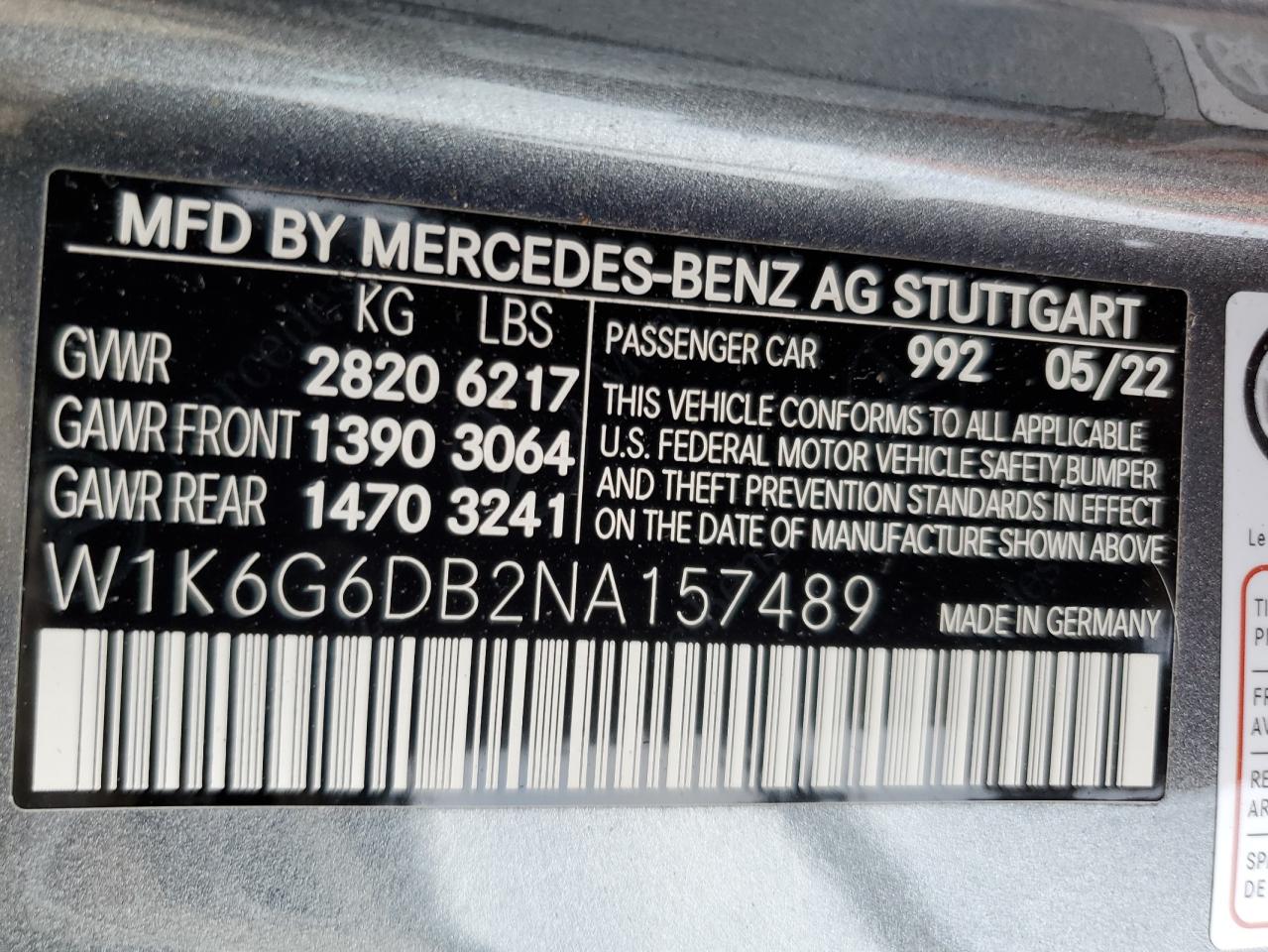 W1K6G6DB2NA157489 2022 Mercedes-Benz S 500 4Matic