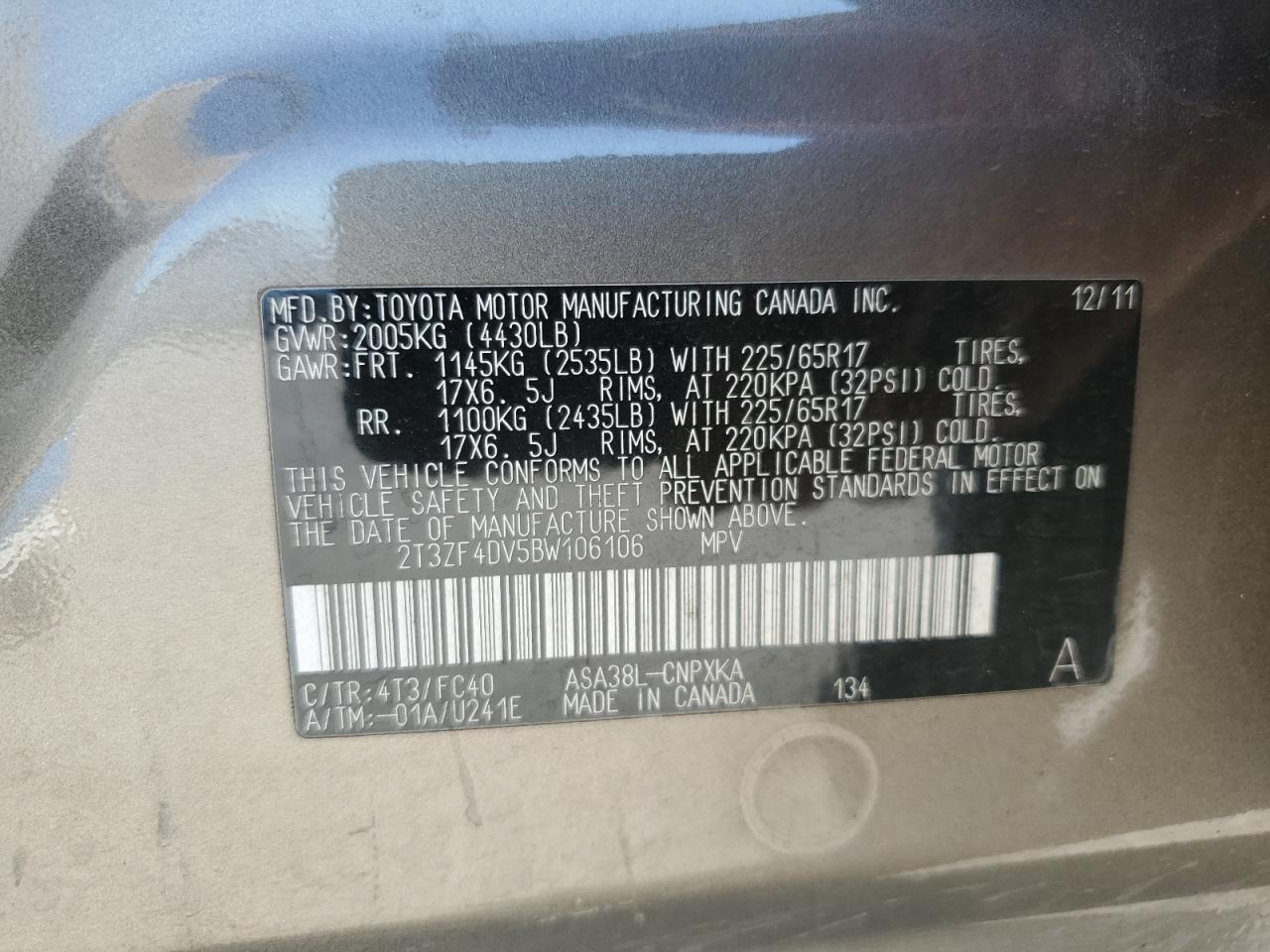 2T3ZF4DV5BW106106 2011 Toyota Rav4