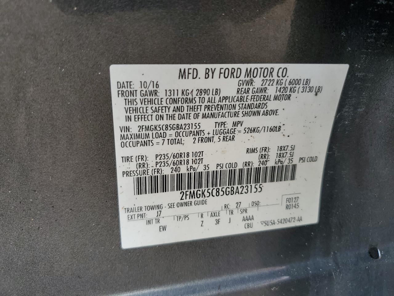 2FMGK5C85GBA23155 2016 Ford Flex Sel