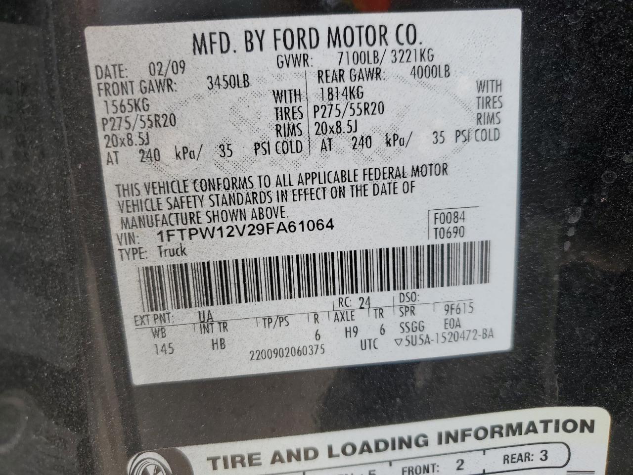 1FTPW12V29FA61064 2009 Ford F150 Supercrew