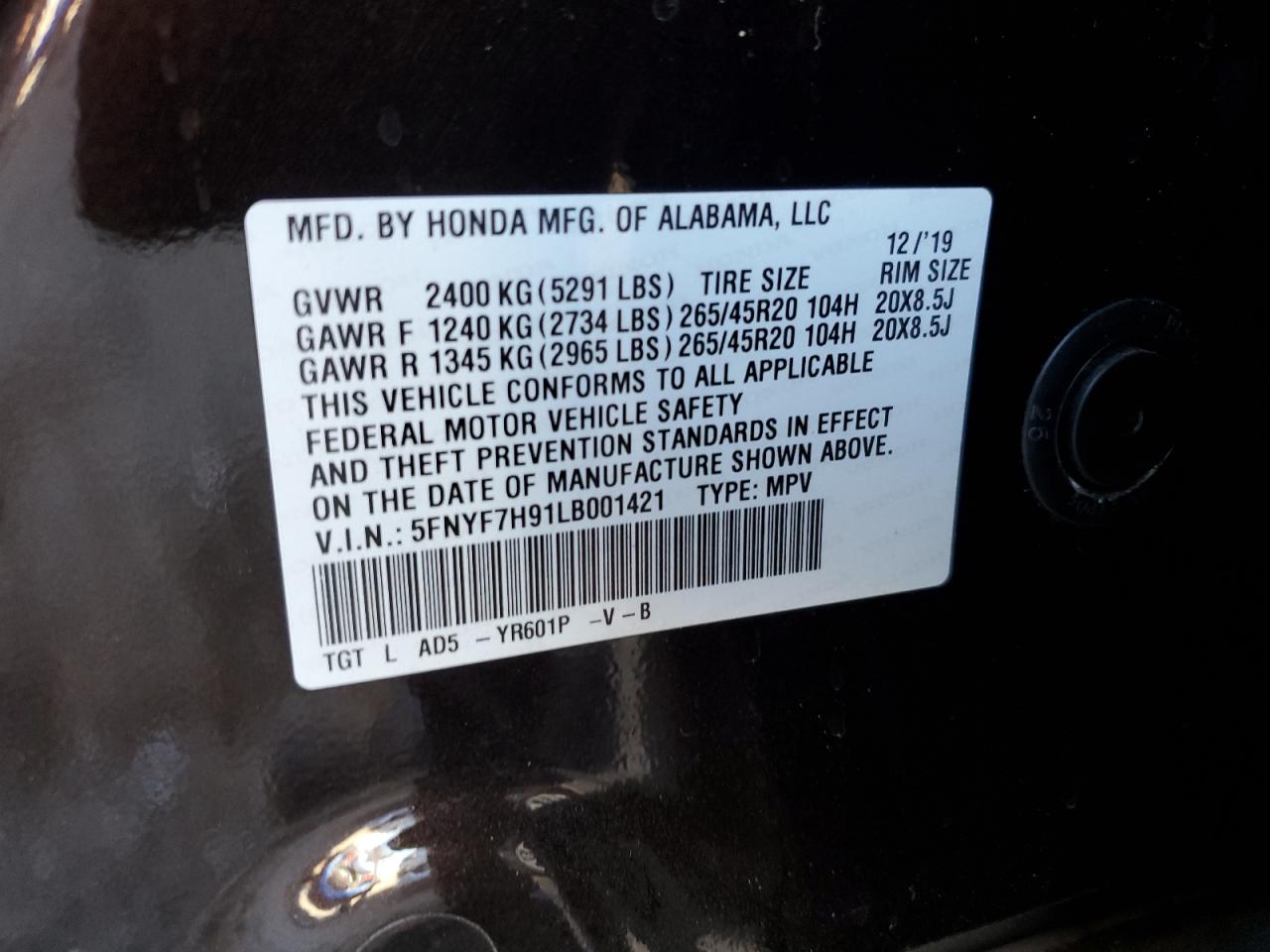 2020 Honda Passport Touring VIN: 5FNYF7H91LB001421 Lot: 76954744