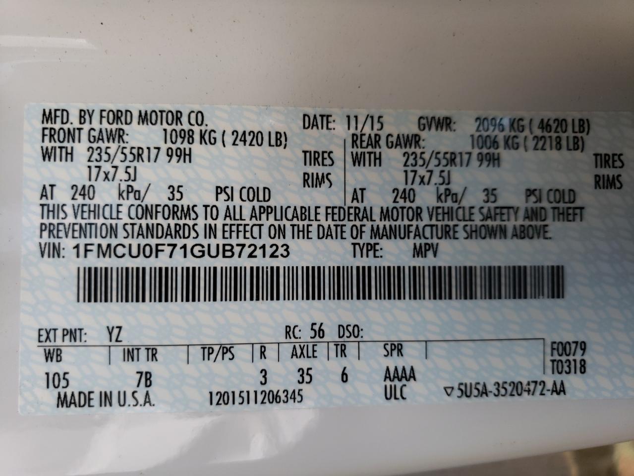 1FMCU0F71GUB72123 2016 Ford Escape S