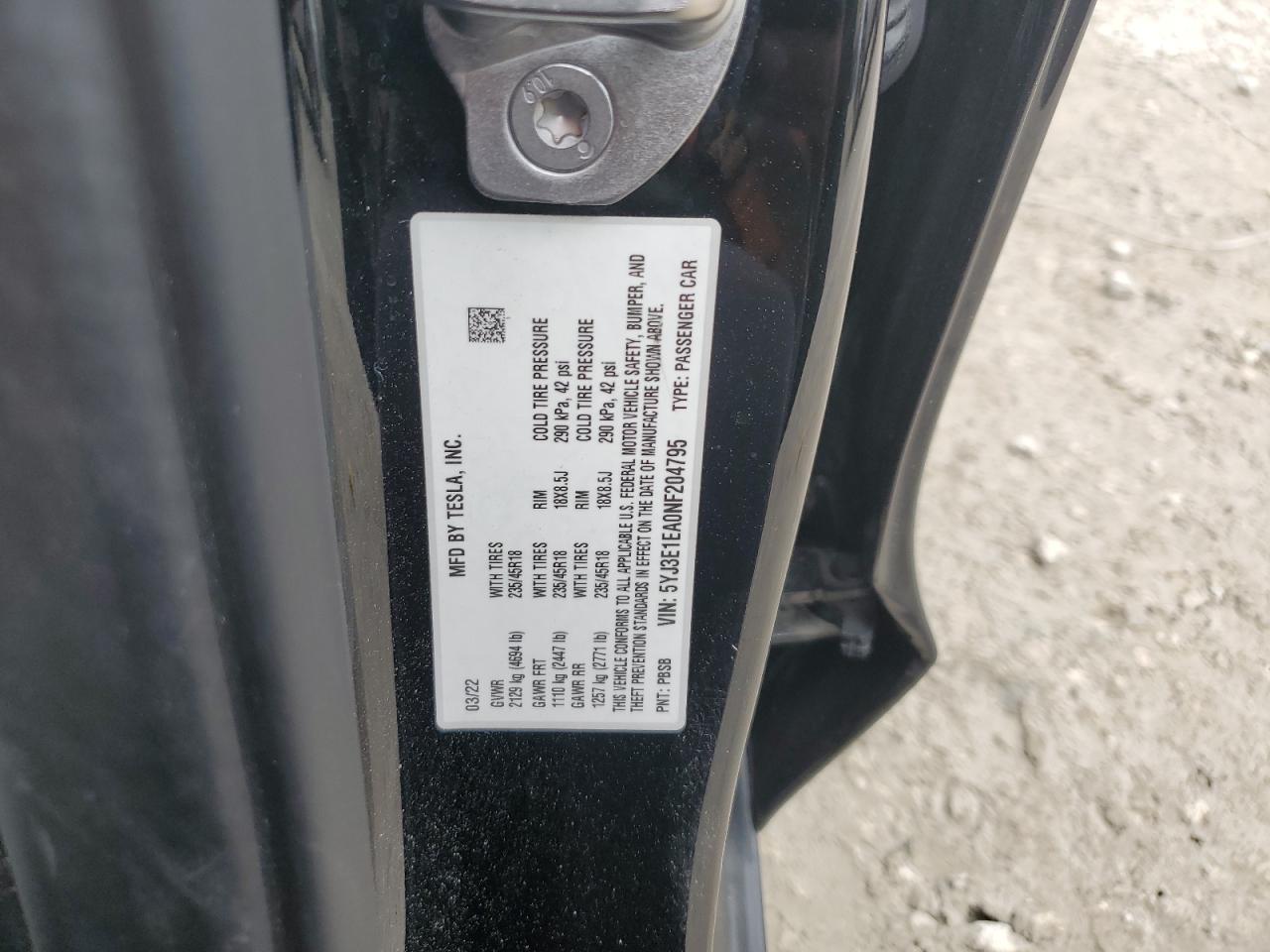 5YJ3E1EA0NF204795 2022 Tesla Model 3