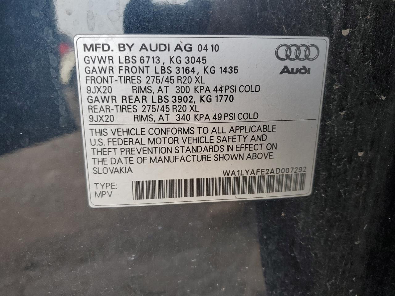 2010 Audi Q7 Premium Plus VIN: WA1LYAFE2AD007292 Lot: 76887864