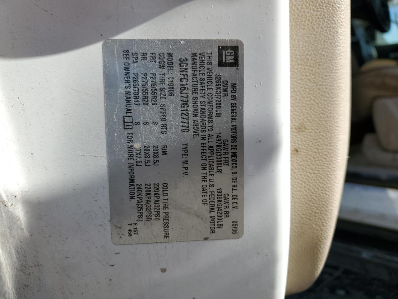 2007 Chevrolet Suburban C1500 VIN: 3GNFC16J77G127770 Lot: 77710904