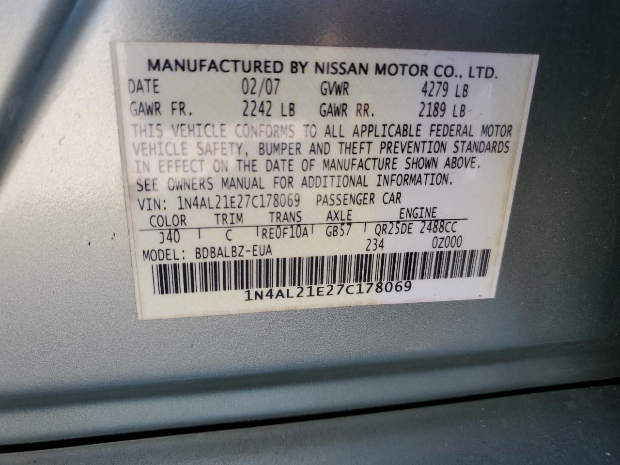 1N4AL21E27C178069 2007 Nissan Altima 2.5