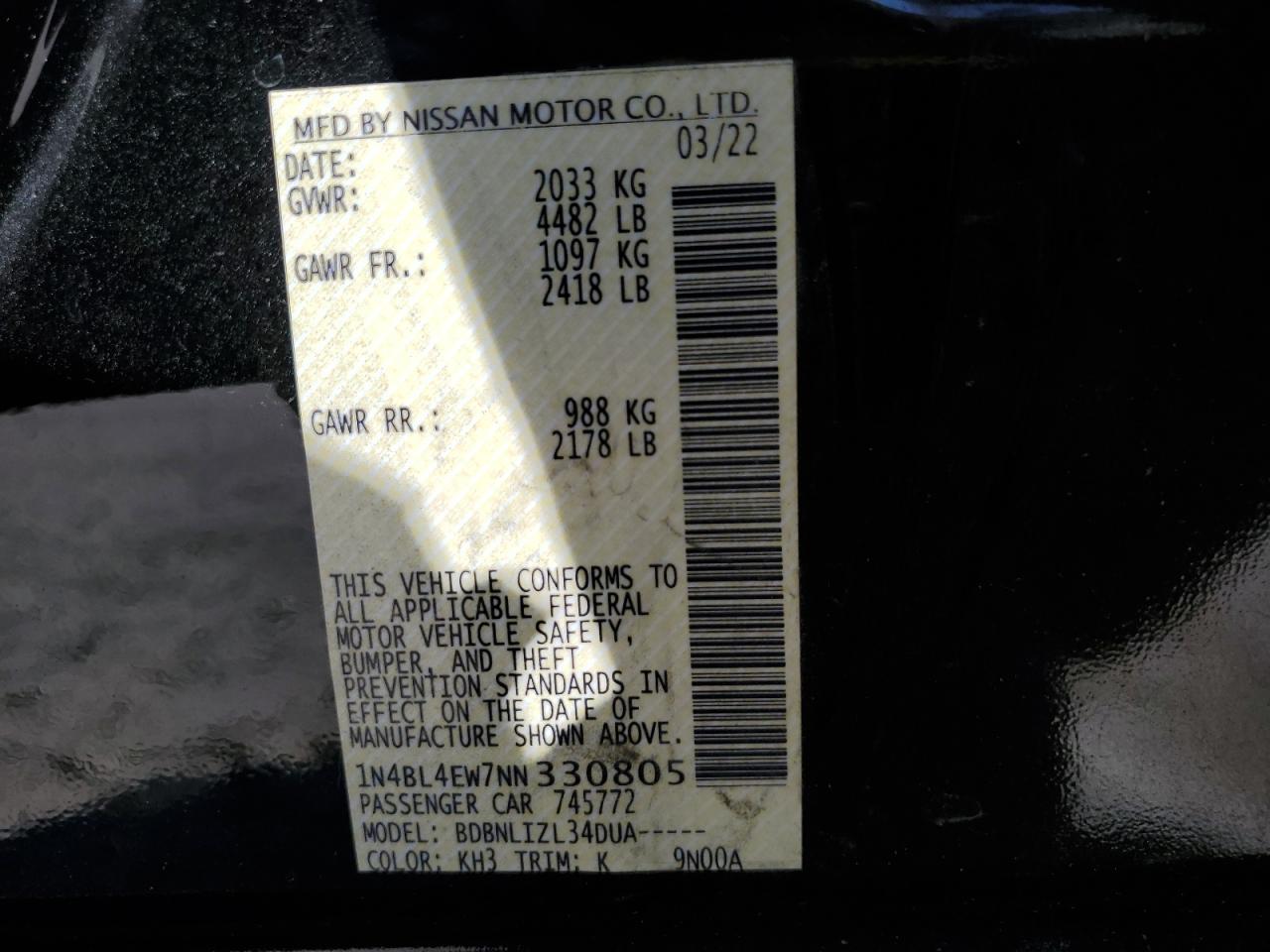 2022 Nissan Altima Sl VIN: 1N4BL4EW7NN330805 Lot: 71744874