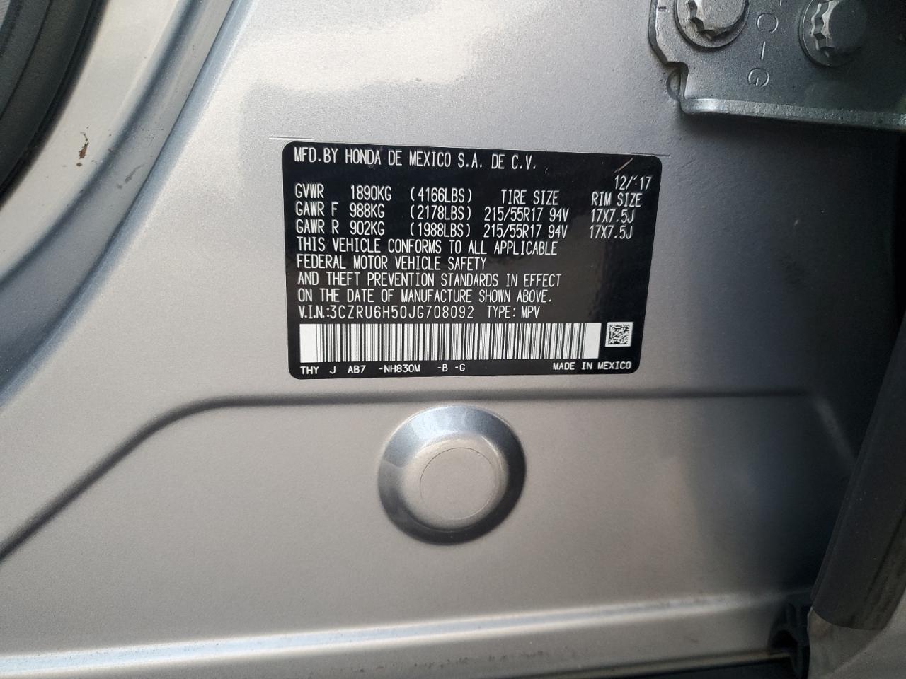 3CZRU6H50JG708092 2018 Honda Hr-V Ex