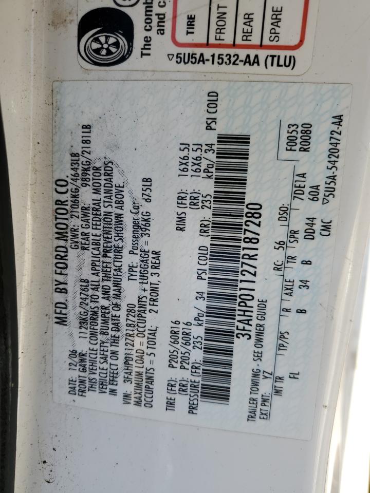 2007 Ford Fusion Se VIN: 3FAHP01127R187280 Lot: 75844694