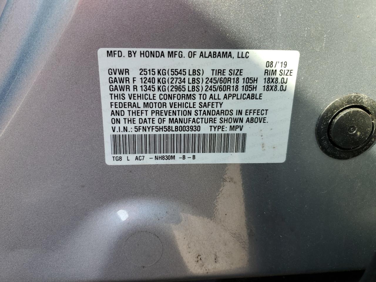 5FNYF5H58LB003930 2020 Honda Pilot Exl