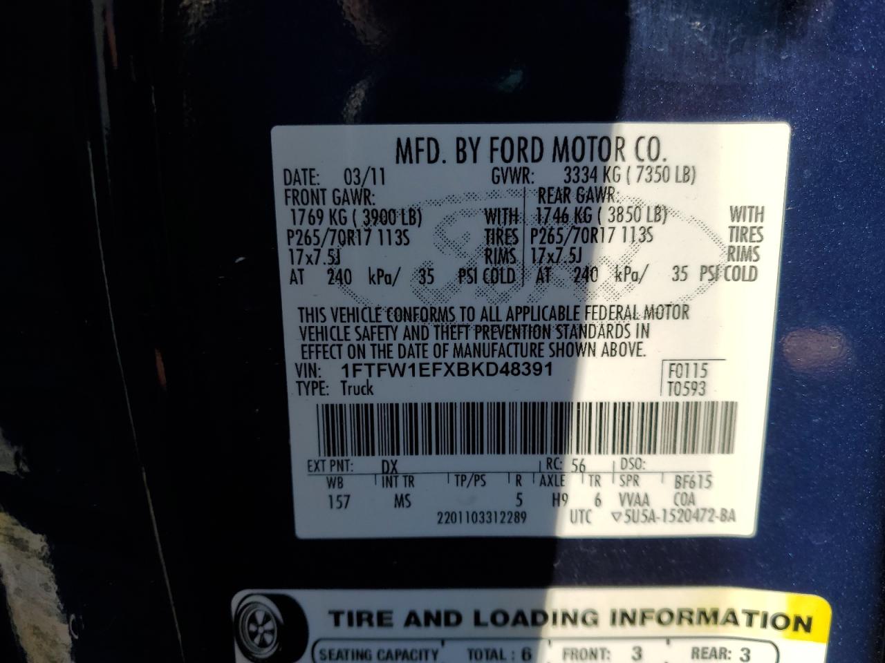 1FTFW1EFXBKD48391 2011 Ford F150 Supercrew