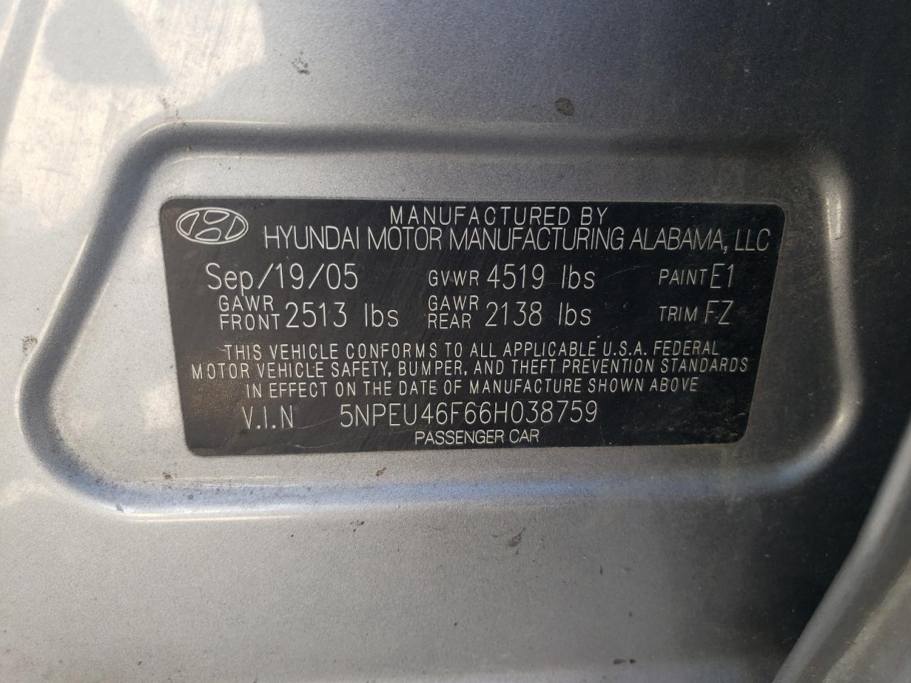 2006 Hyundai Sonata Gls VIN: 5NPEU46F66H038759 Lot: 74759744