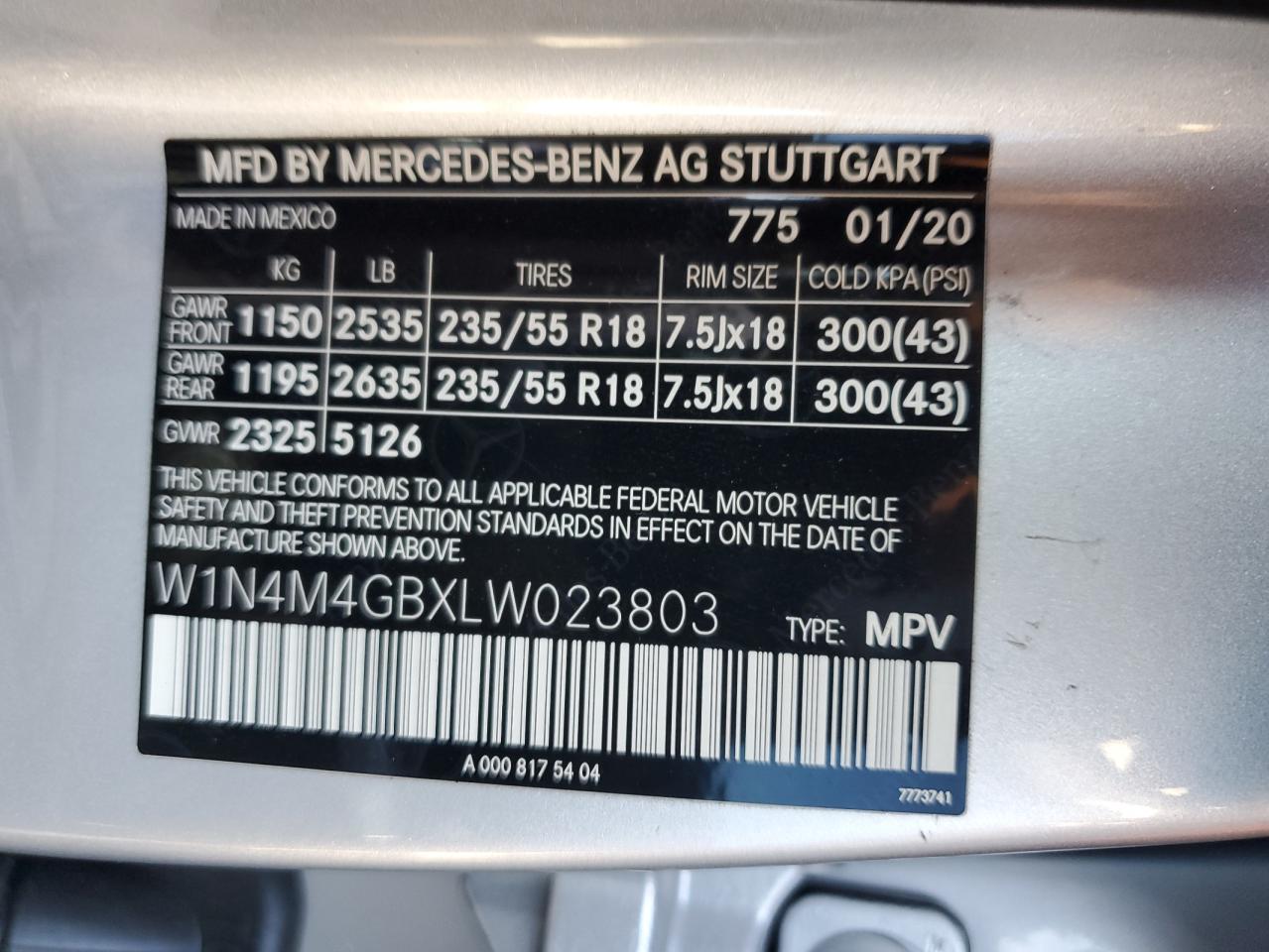 W1N4M4GBXLW023803 2020 Mercedes-Benz Glb 250