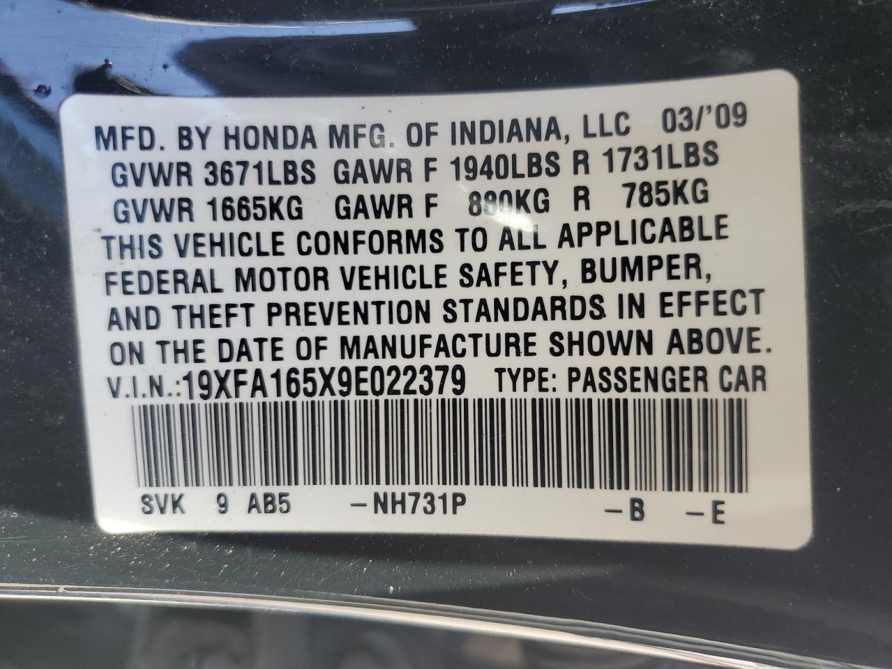 2009 Honda Civic Lx VIN: 19XFA165X9E022379 Lot: 75757414