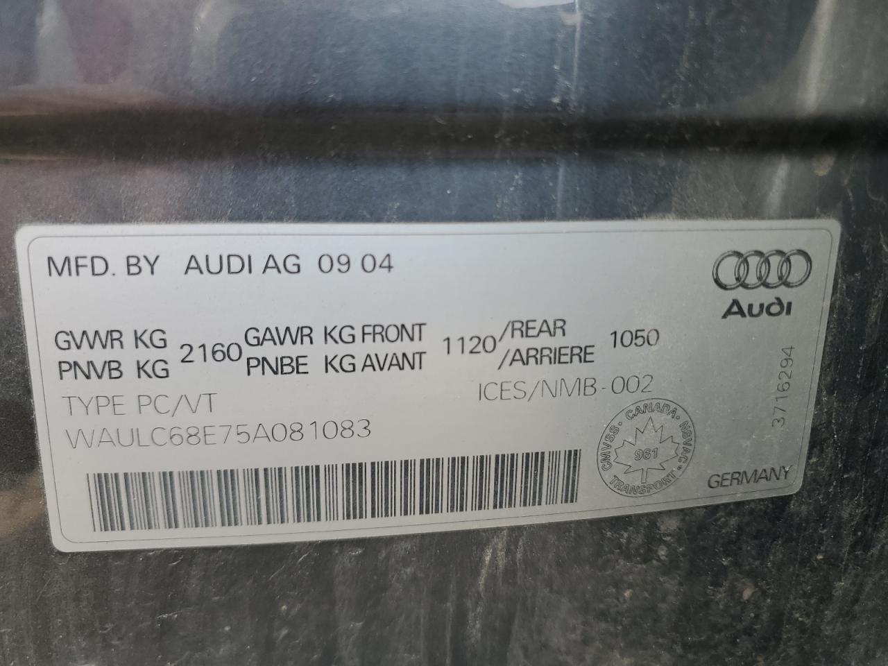 WAULC68E75A081083 2005 Audi A4 1.8T Quattro