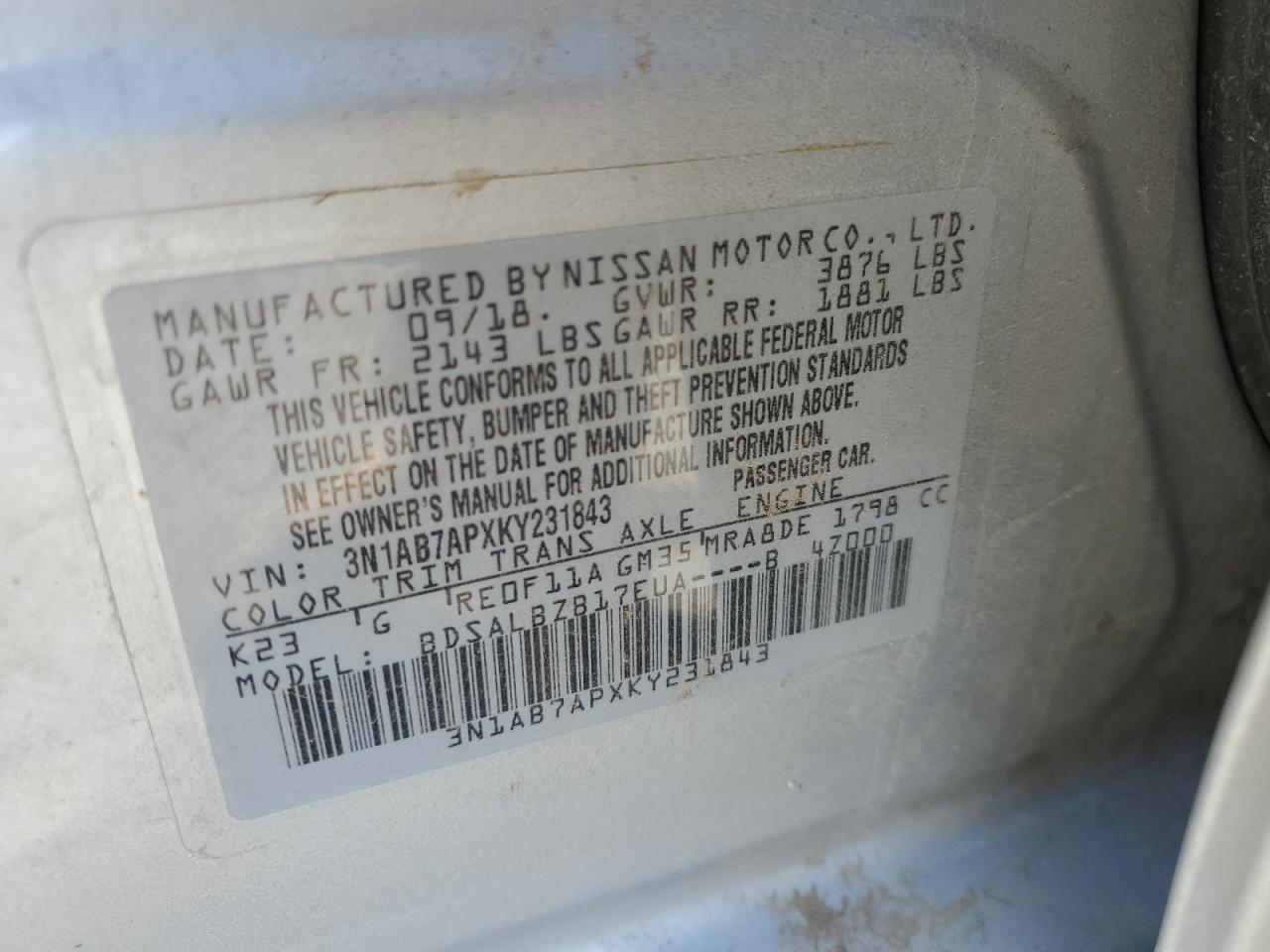 3N1AB7APXKY231843 2019 Nissan Sentra S