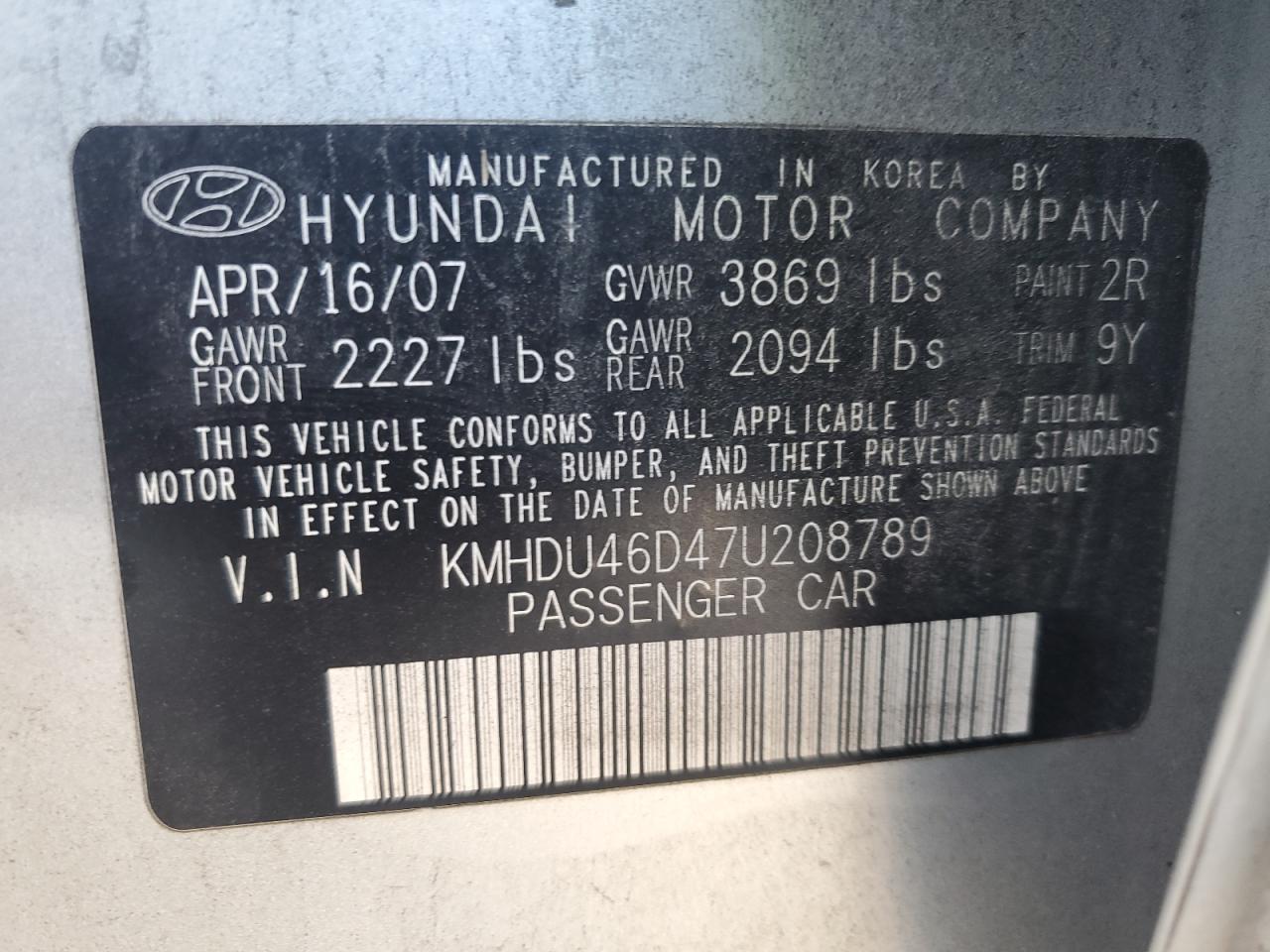 KMHDU46D47U208789 2007 Hyundai Elantra Gls