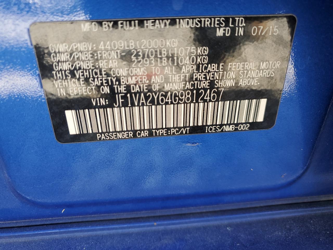 JF1VA2Y64G9812467 2016 Subaru Wrx Sti Limited