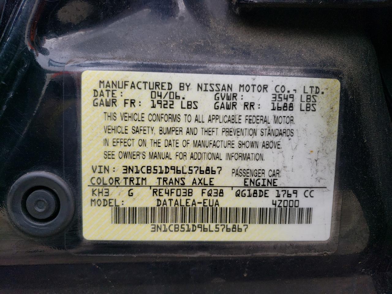 3N1CB51D96L576867 2006 Nissan Sentra 1.8