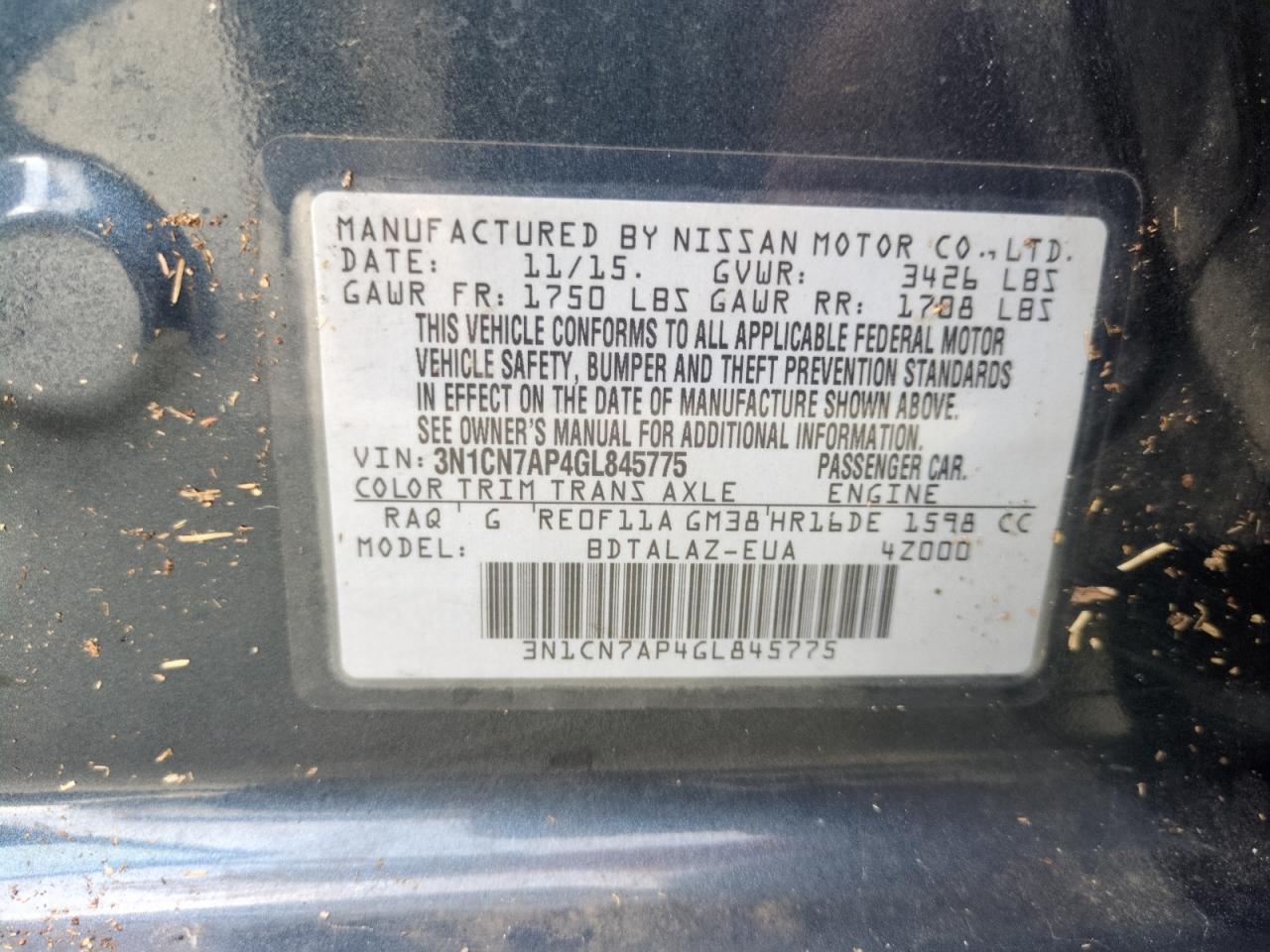 VIN 3N1CN7AP4GL845775 2016 NISSAN VERSA no.13