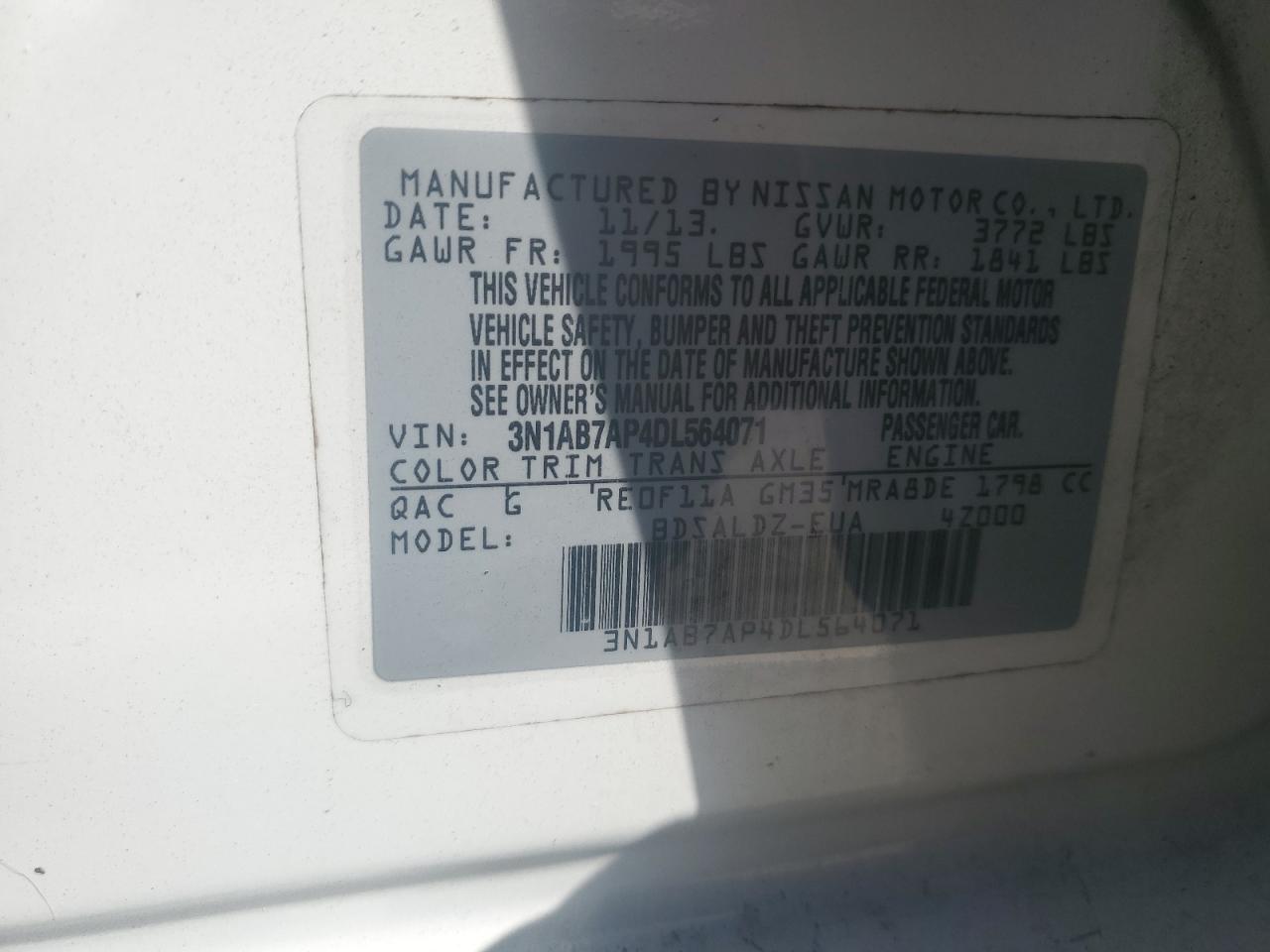 3N1AB7AP4DL564071 2013 Nissan Sentra S