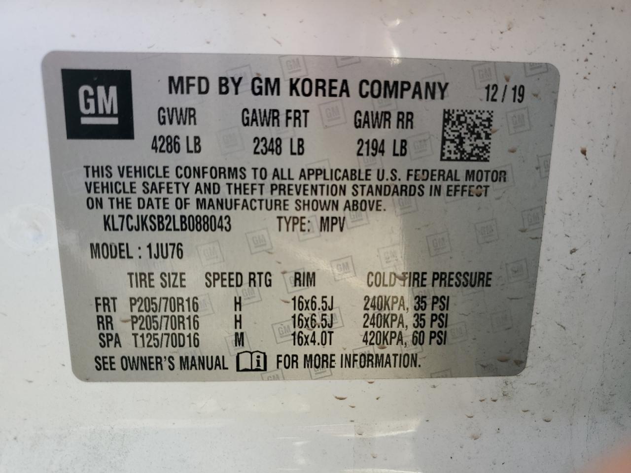 KL7CJKSB2LB088043 2020 Chevrolet Trax Ls