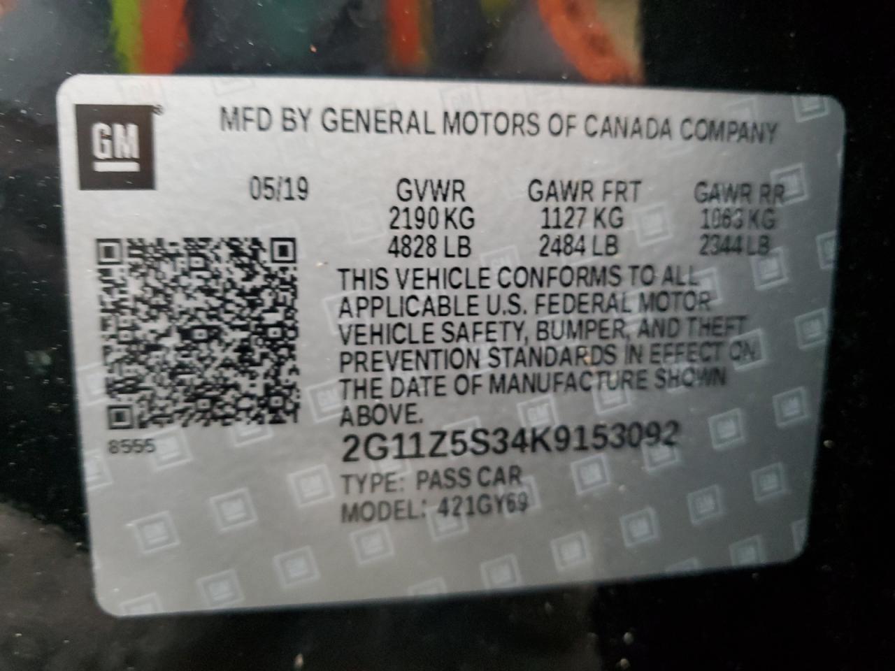 2G11Z5S34K9153092 2019 Chevrolet Impala Lt