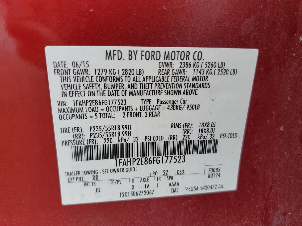 VIN 1FAHP2E86FG177523 2015 FORD TAURUS no.12