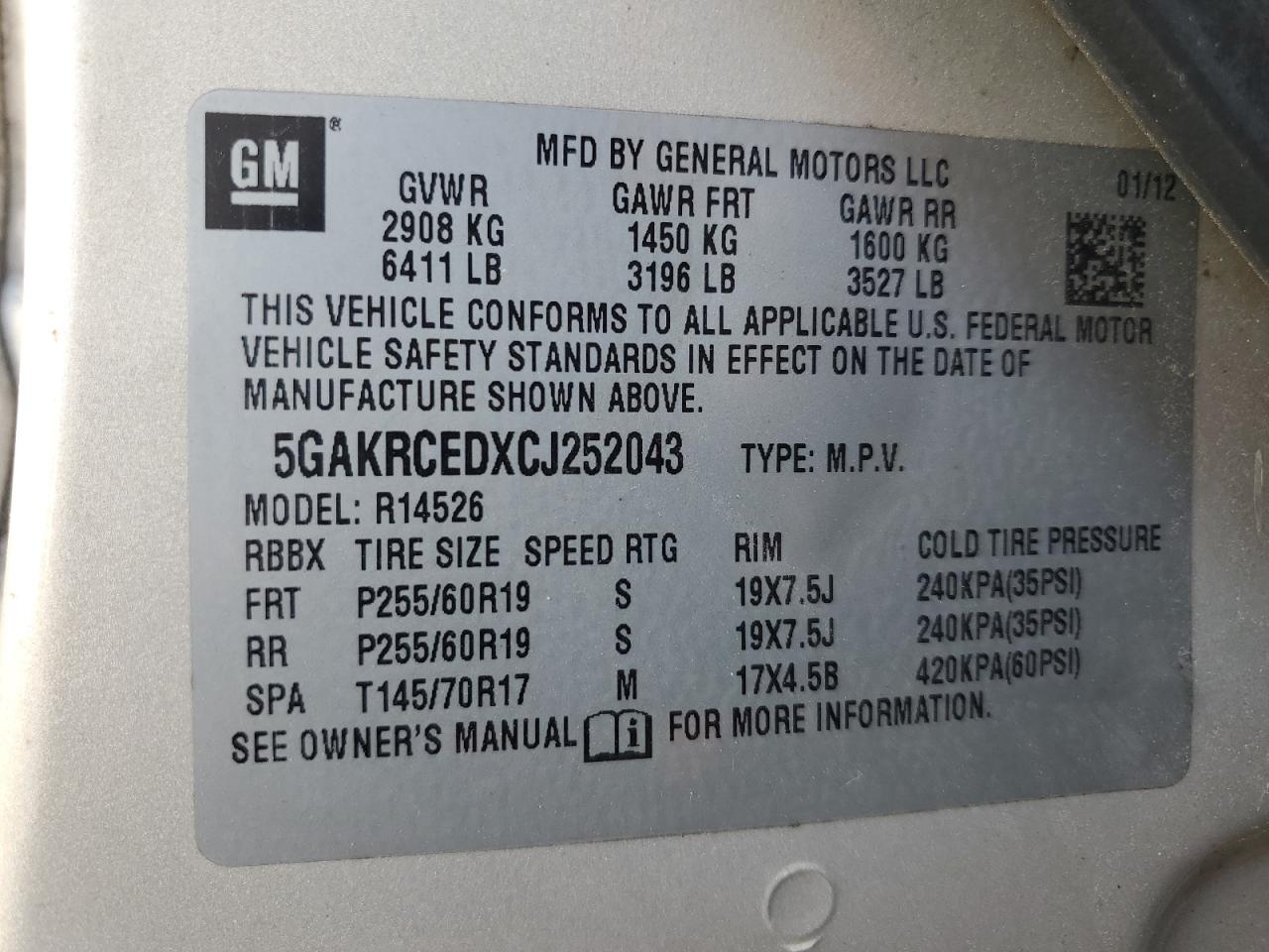 5GAKRCEDXCJ252043 2012 Buick Enclave