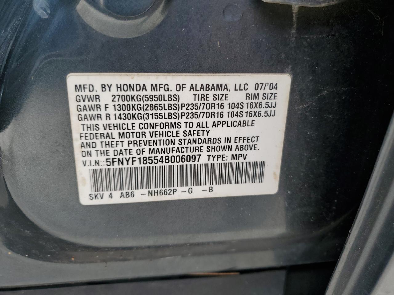 2004 Honda Pilot Exl VIN: 5FNYF18554B006097 Lot: 76870424