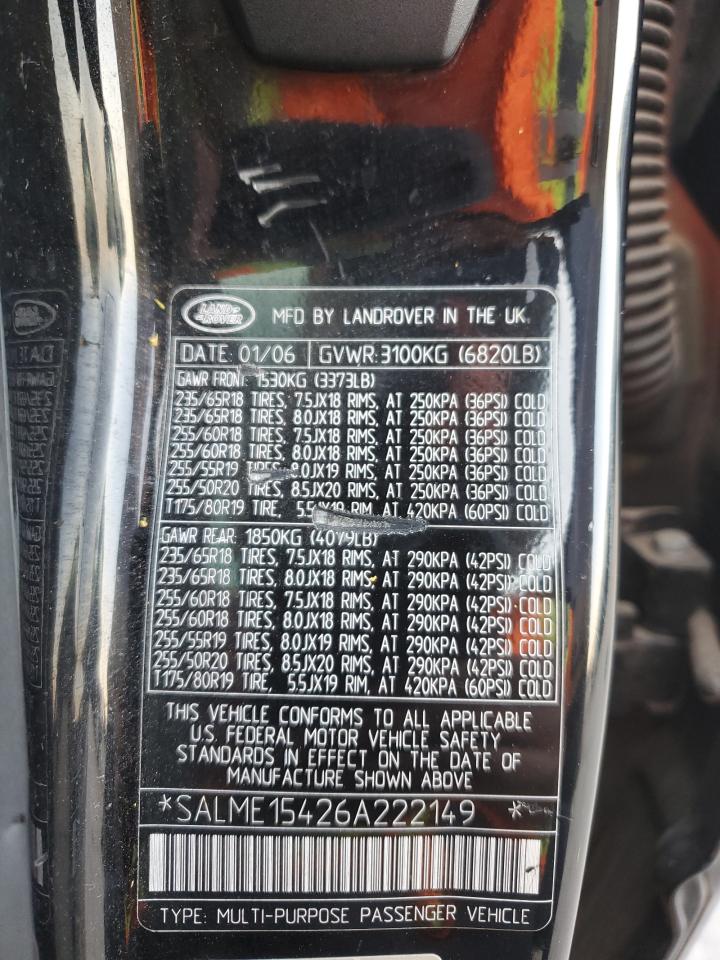 2006 Land Rover Range Rover Hse VIN: SALME15426A222149 Lot: 75685074