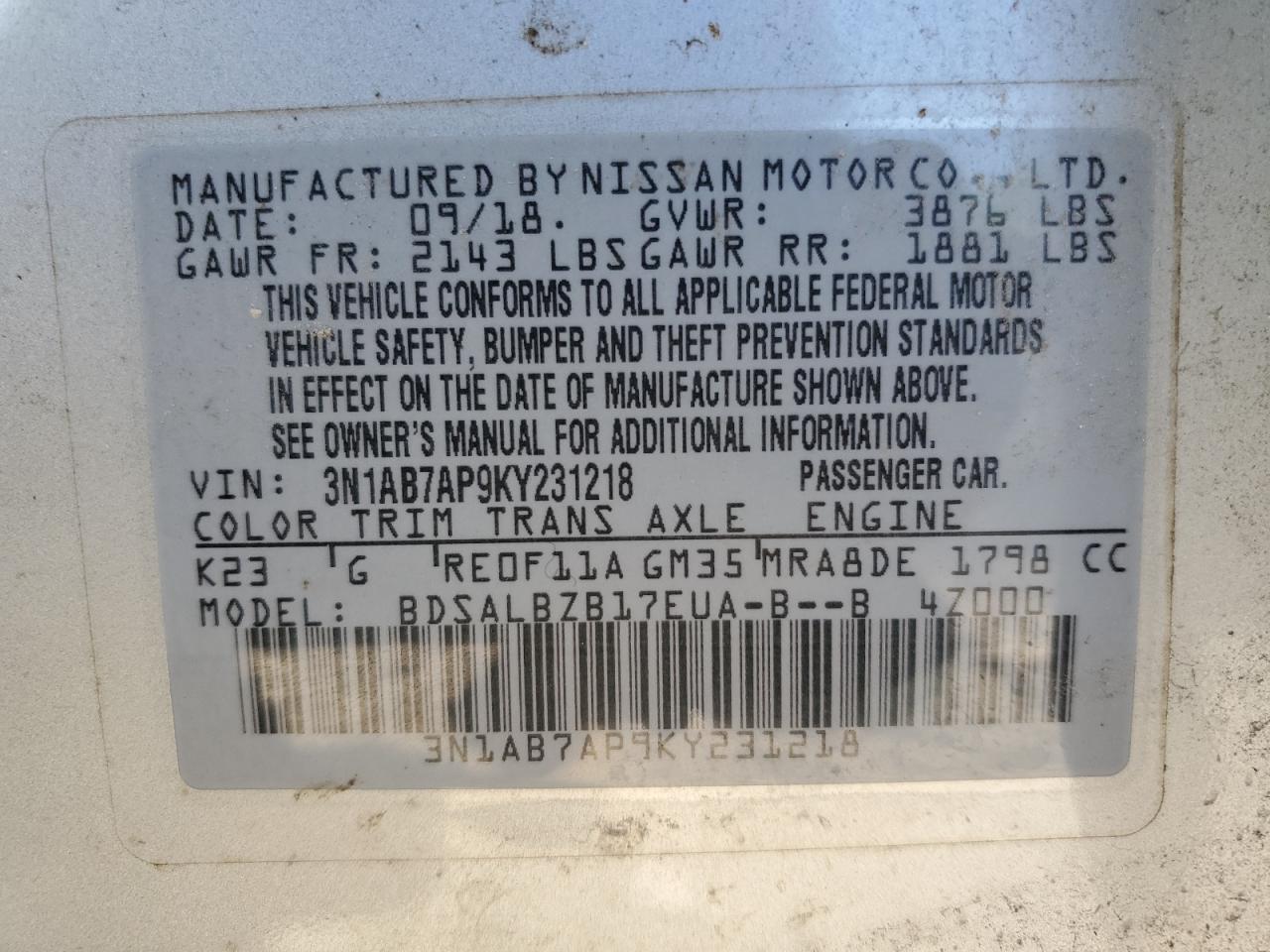 VIN 3N1AB7AP9KY231218 2019 NISSAN SENTRA no.13